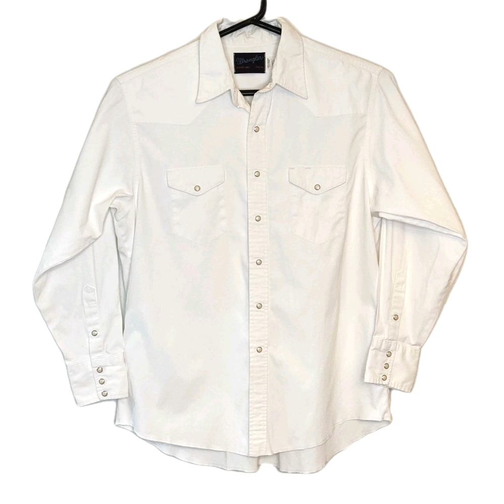 Wrangler Brushpopper Snap Shirt Sz 17 35 White X-Long Tails Western Rodeo Cowboy